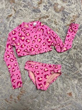 Pink Leopard Print Long-Sleeve Rash Guard Swim Set